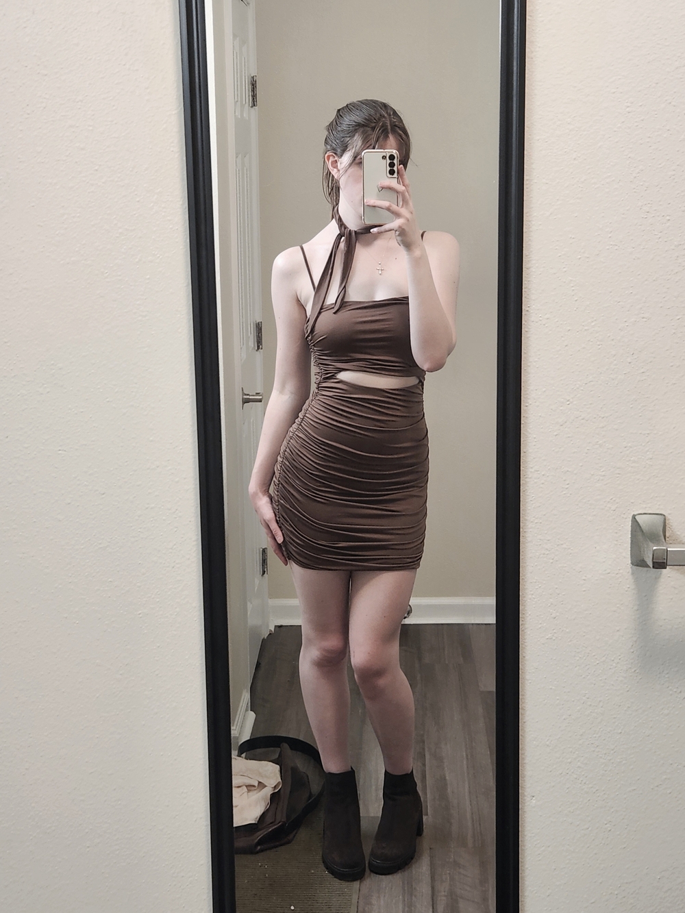 Tiger Mist Chocolate Brown Ruched Cutout Halter Mini Dress